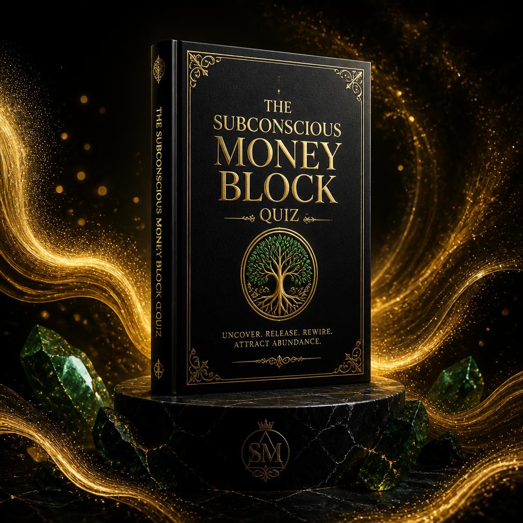 The Subconscious Money Block Quiz — luxury book on a marble pedestal surrounded by gold light and emerald crystals